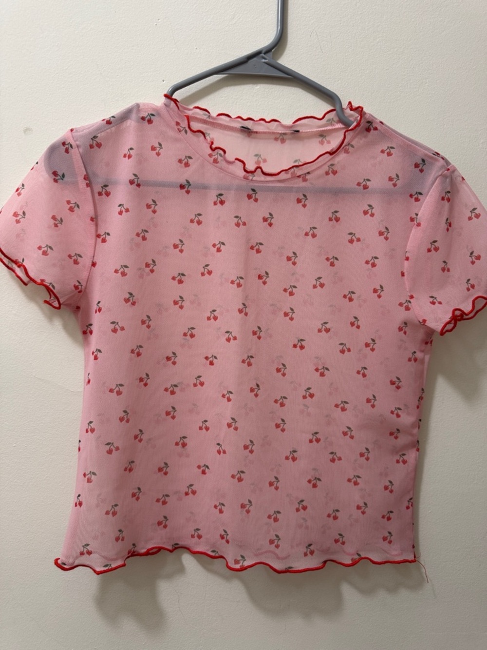 Sheer Pink Cherry Print Short Sleeve Top